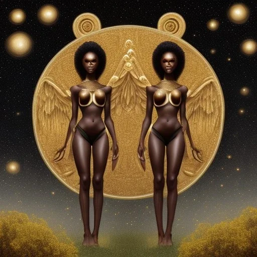 Female angelic African American Twins, black skin, tall and slender, long afro kinky hair,big brown eyes, long eyelashes warrior wear. Big butts. Gold accents on clothing. Surround by trees. Holding golden spears. Starry night
