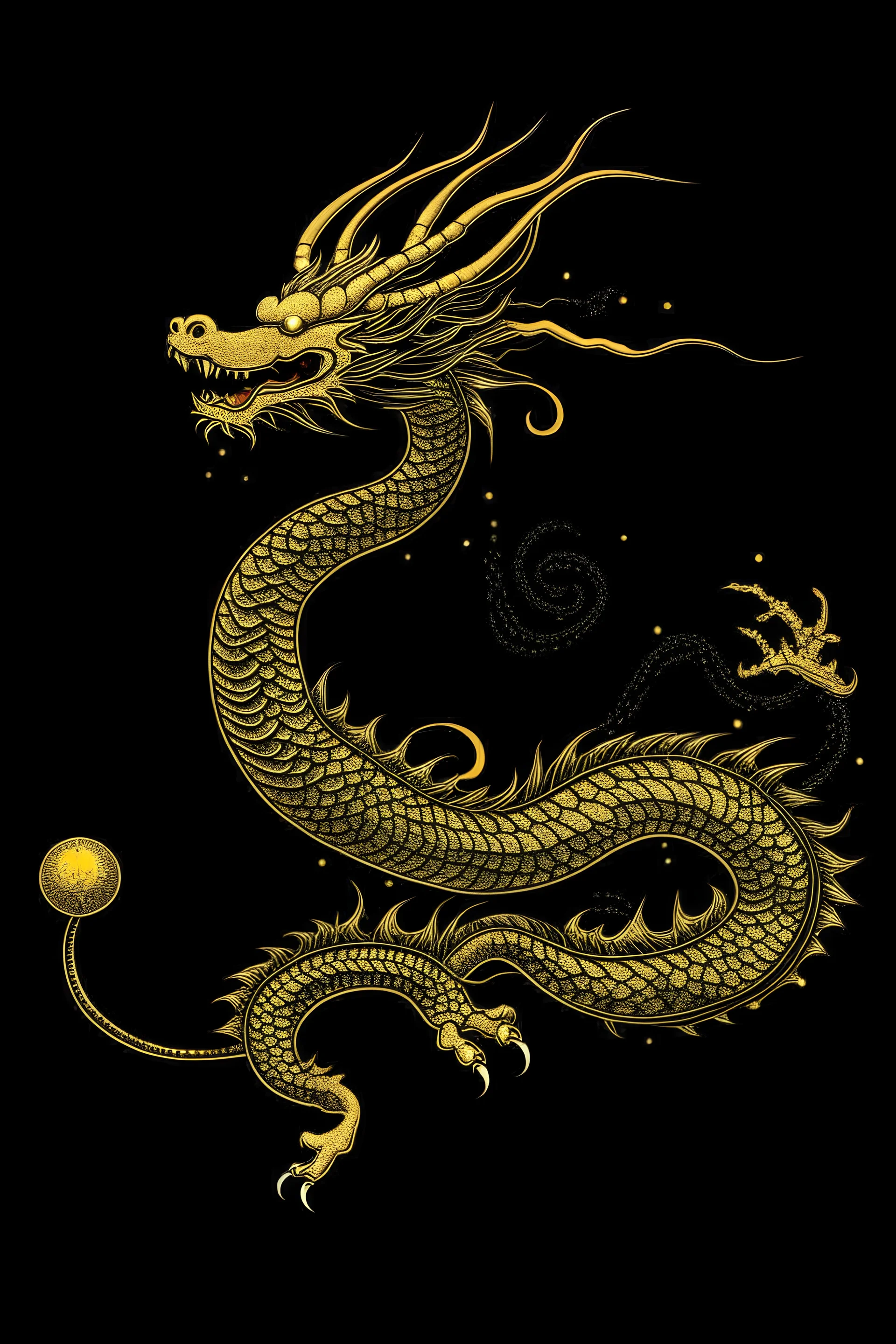 tall yellow elegant chinese dragon chasing the pearl and soaring through the air without wings dark scarlet background