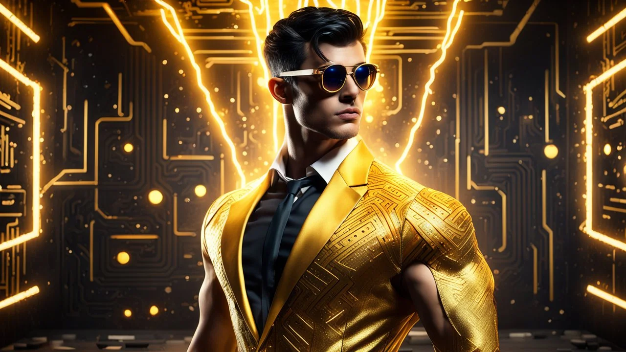 Hyper Realistic handsome muscular Electric-Superhero with short-black-hair wearing long-fancy-yellow-tuxedo-with-golden-circuit-patterns & fancy-sunglasses in a dark-rustic-circuit-room with electric-sparks-&-rays & a massive circuit-board-wall with-glowing-embers showing dramatic & cinematic ambiance.