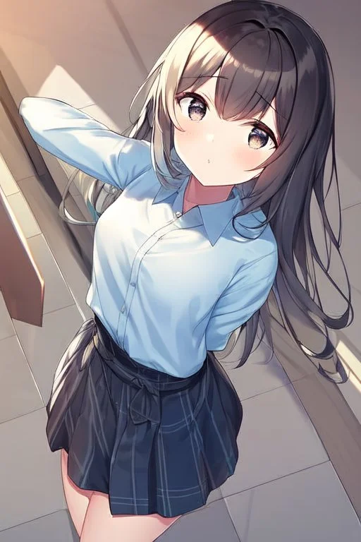 anime waifu wearing a pyjama shirt and a short skirt with her back turned