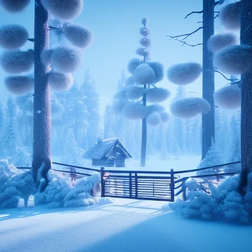 Forest ice winter, bridge birds,live house, bear, deer, unreal engine 5, octane render