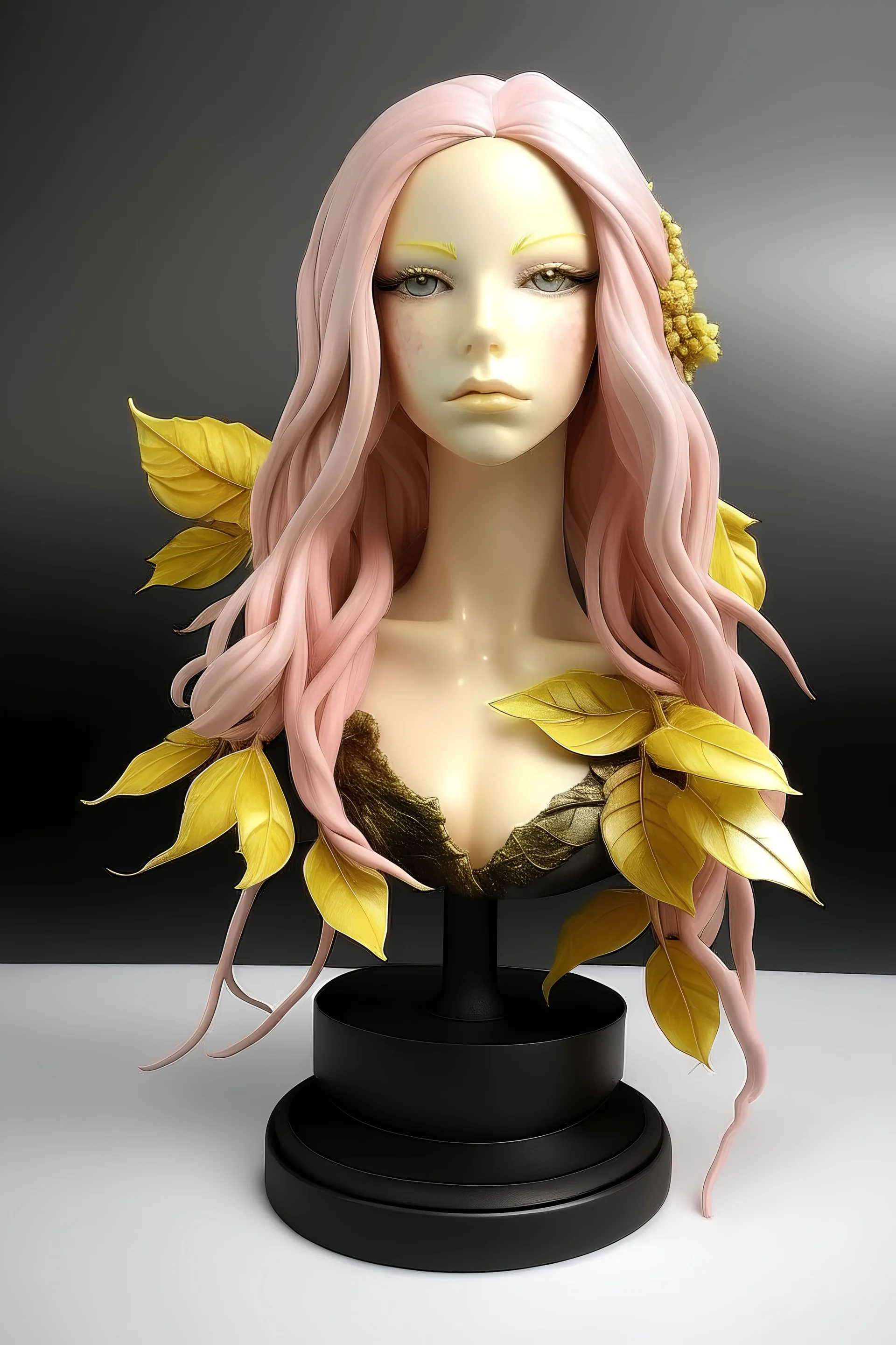 Full rubber angel with rubber effect in all face with pastel pink long hair sponge rubber effect with golden leaves on the hair