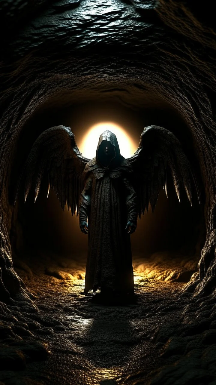 An hooded Angel with wings , thick layer of dark brown corrosion , standing in front of a dark cave, Bosch painting style , of a nightmare , fisheye lens, hyper photorealistic, hyper detailed dark , high resolution, fog, octane render, tilt shift, 8k ,