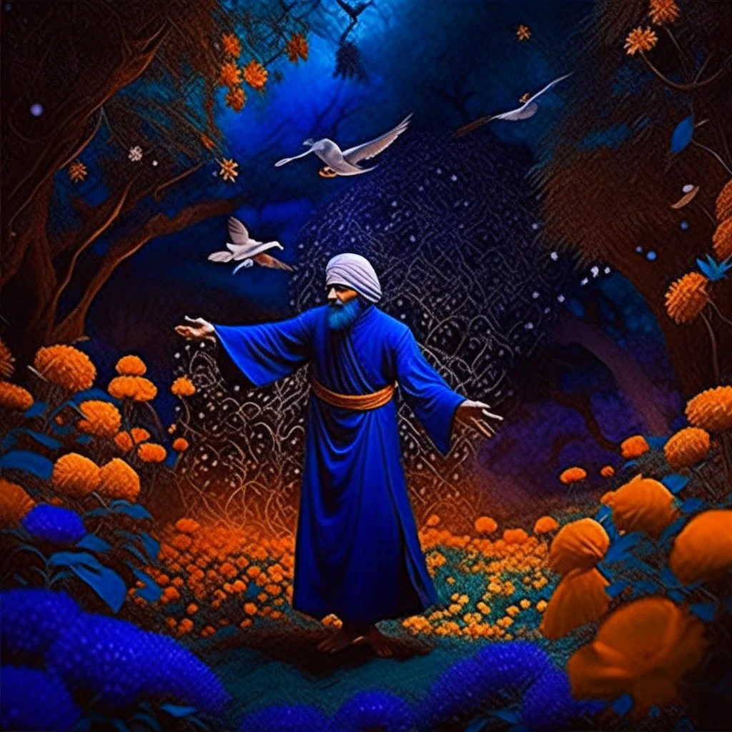 Hyper Realistic Sufi Whirling with Purple & Orange Islamic Sufi Rustic Grungy in a beautiful flower garden at dark night with fireflies & starts on sky