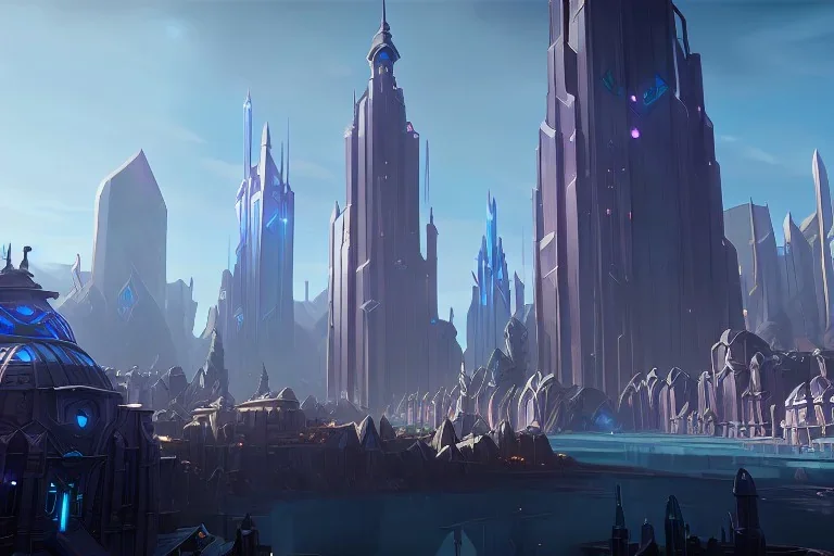 City crystalline towers magic airship fantasy