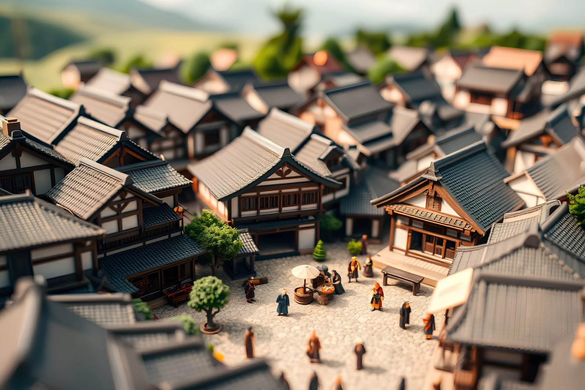 Diorama style birds-eye toy-like tilt shift image of 1500s Japanese noble village with market square and people