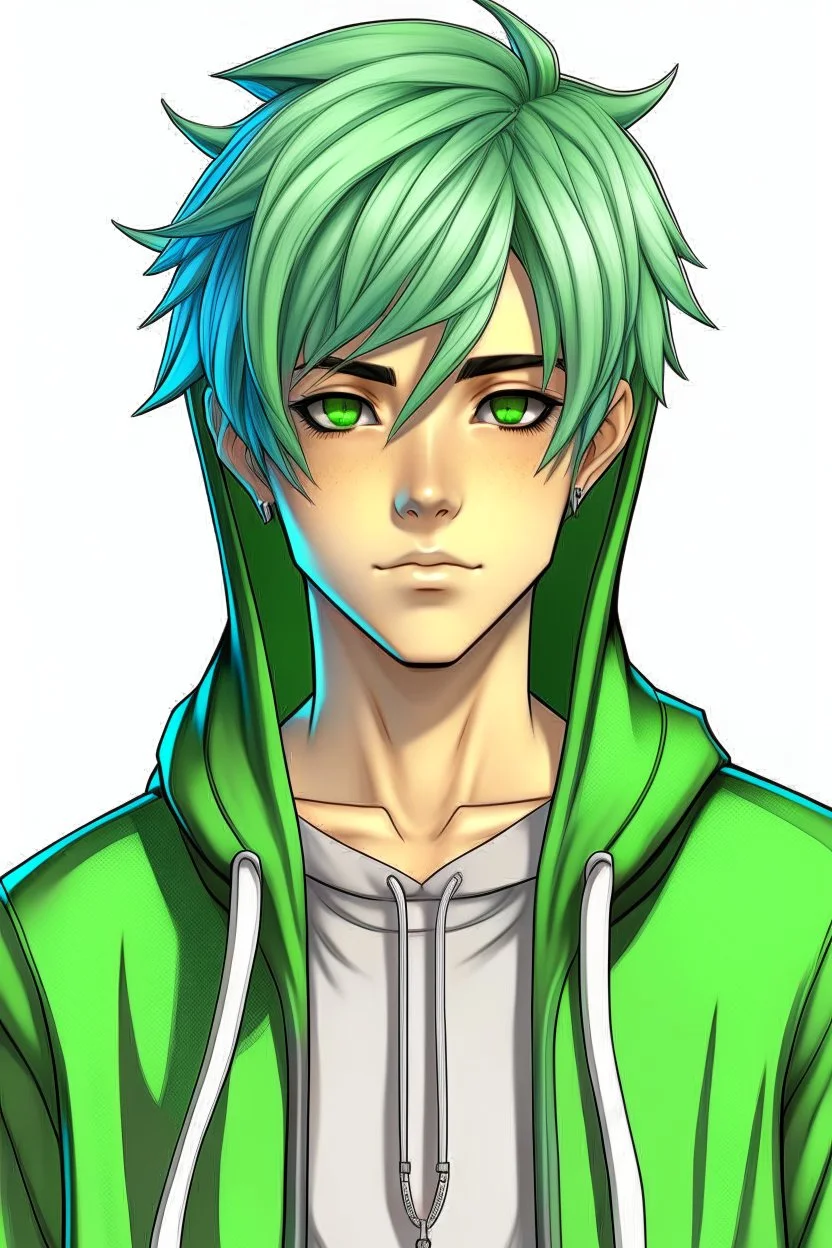 Anime Young man with green hair wearing a hoodie realistic