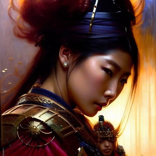 portrait beautiful face japanese female ninja,busty,ancient metal armor balanciaga fashion clothe painting by gaston bussiere, greg rutkowski, yoji shinkawa, yoshitaka amano, tsutomu nihei, donato giancola, tim hildebrandt, oil on canvas, cinematic composition, extreme detail,fit full head inside picture,16k