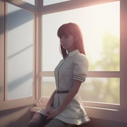 Study girl in classroom by the window ,movie, real photo realistic, unreal engine, cinematic lighting --ar 1:1 creative