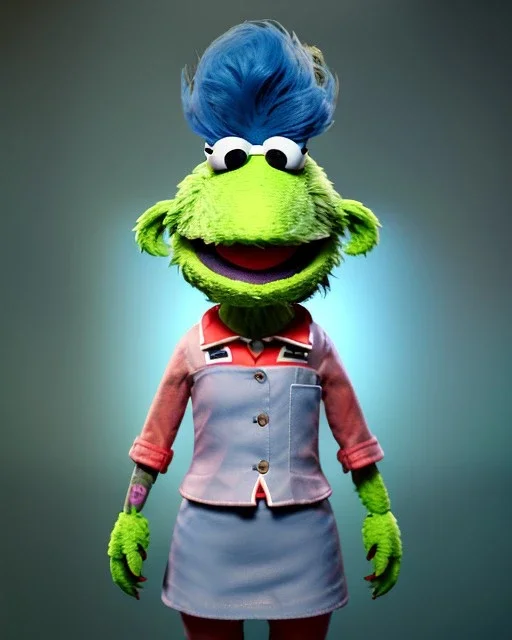 hybrid character, waitress british woman with monster muppet mask that covers her entire head, yellow pop, short shirt, old school tattoo, retro style, Sesame Street style, neon, smooth, unreal engine 5, god lights, ray tracing, RTX, lumen lighting, ultra detail, volumetric lighting, 3d.