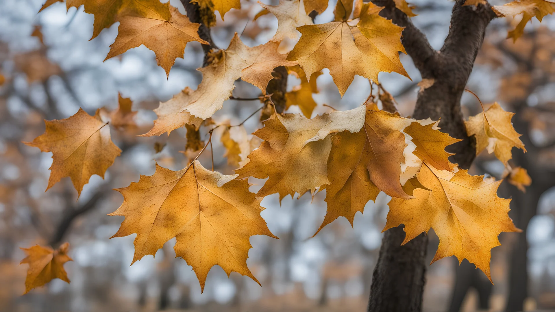 sycamore leaves on a tree in late autumn