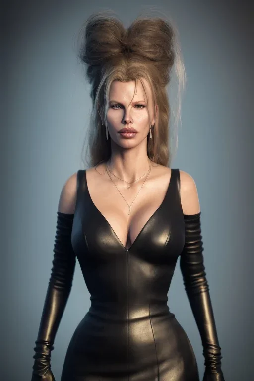 Kim Basinger in black leather gown, evil,energetic, villain, busty, cleavage, curvy, angry, happy, stern look. character design by cory loftis, fenghua zhong, ryohei hase, ismail inceoglu and ruan jia. unreal engine 5, artistic lighting, highly detailed, photorealistic, fantasy