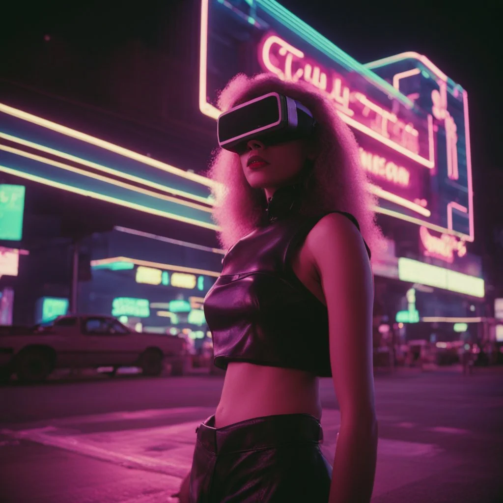 street photography of a woman on the street, night time, cyberpunk neon lights, 16mm , perfect photography, 1980's,vhs footage,wearing futuristic VR, low light,shot by jvc gr-sz7,glitch