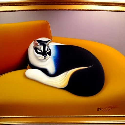 oil portrait of tricolor pattern Cat sleeping in a sofa by Boris Vallejo 8k