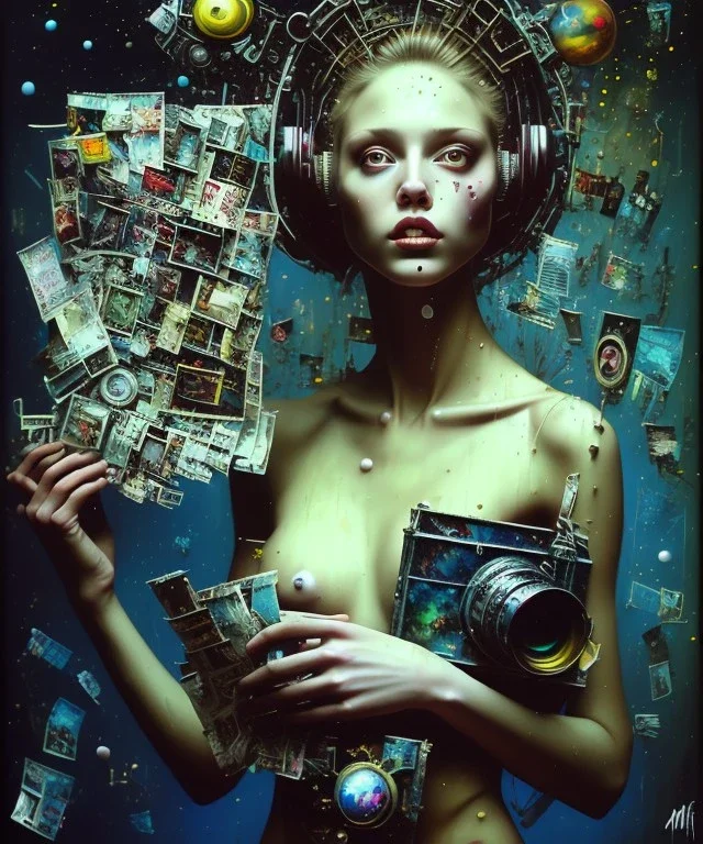 happy beautiful girl holding big proffesional camera in studio. street art, oil on canvas, spray paint, collage, letters, newspapeers, Dave McKean, Vladimir Fedotko, Saturno Butto, Vaughn Bodé, Frank Wu, James C. Christensen, collage, dirty, paint dripping, radiant