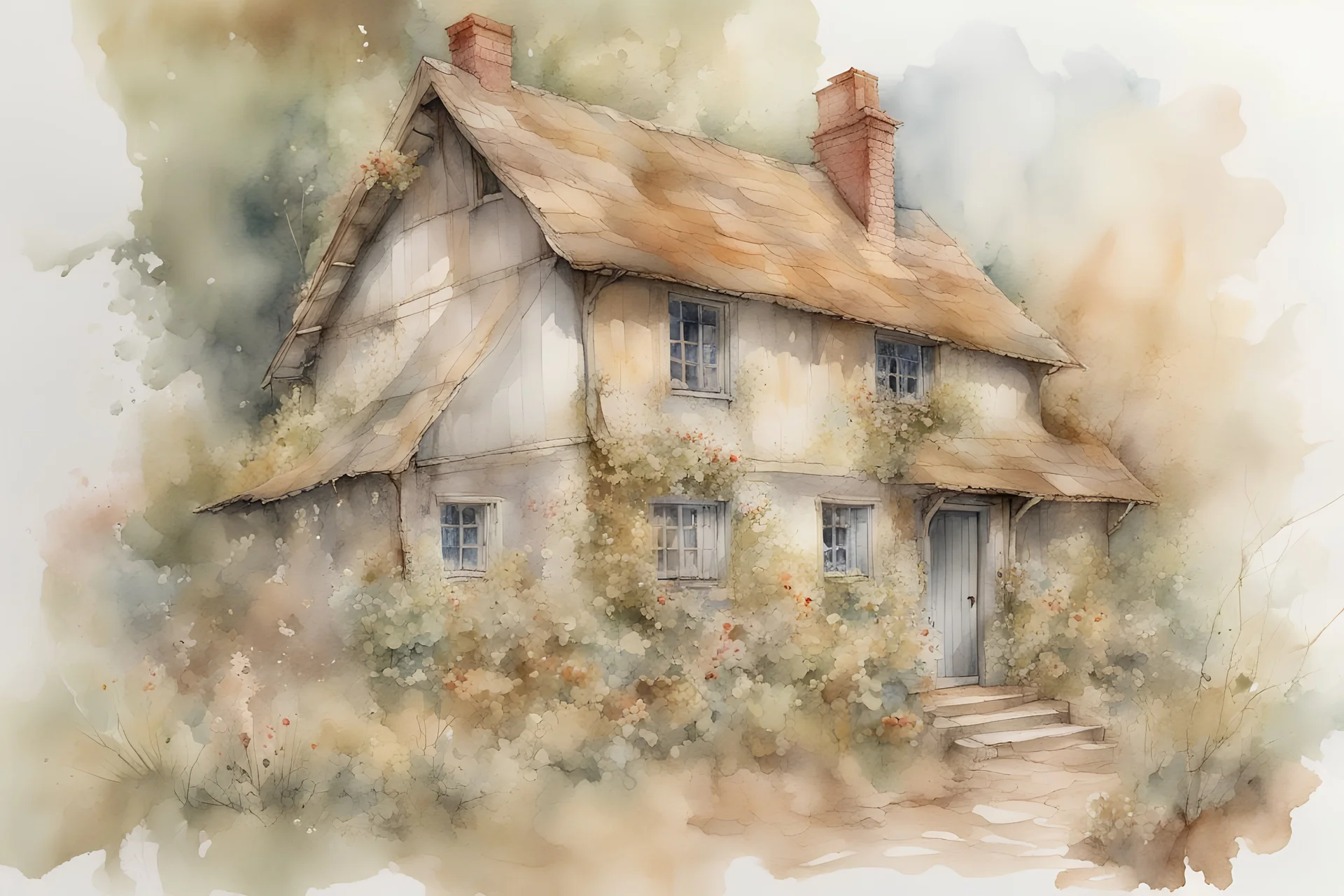 English cottage watercolor, white background, vibrancy of watercolor wash, highly detailed, with sharp focus and smooth transitions. Carne Griffiths, Wadim Kashim, Carl Larsson, Pascal Blanche, golden ratio, masterpiece, trend on CGSociety and Artstation, bottomless, impressive, something that does not even exist, textures, iridescent scales and luminescent, impressive beauty, pure perfection, divine presence, unforgettable beauty, impressive, impressive, volumetric light, auras, rays, reflectio