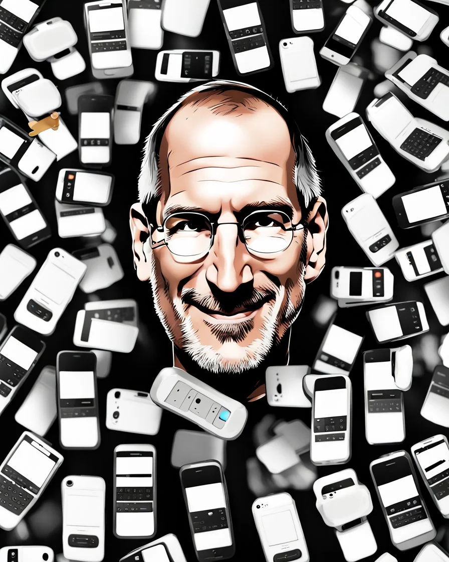 Create a 3D Pixar movie poster style with Steve Jobs/Tim Cook being happy and surrounded by iPhones with the title: “The phone”