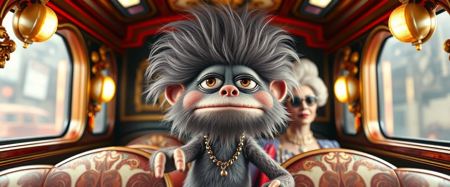 fascist dynasty soap opera, entire cast close up portrait of hairy fluffy polymer clay cute female happy worried monster with realistic human colored and textured skin, and long sleek limbs and with studio lights, on a luxury ornate neon buss, talking to his aunt