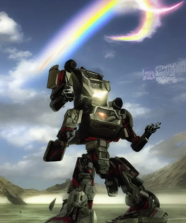 Photorealistic futuristic samurai mechwarrior cutting a rainbow in half with a giant katana on an alien planet