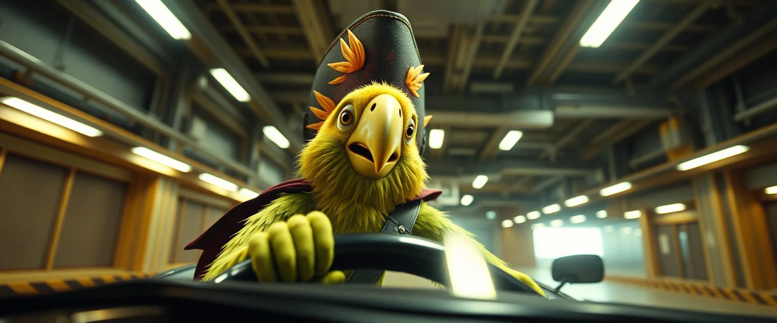 car driving happy 2d fluffy pirate parrot orc in the style of Escher and Giger and Fallout 4, pinhole cam, airbrush 3d rendering, on tv screen:A five-second cinematic single take in a clean industrial presentation hall.