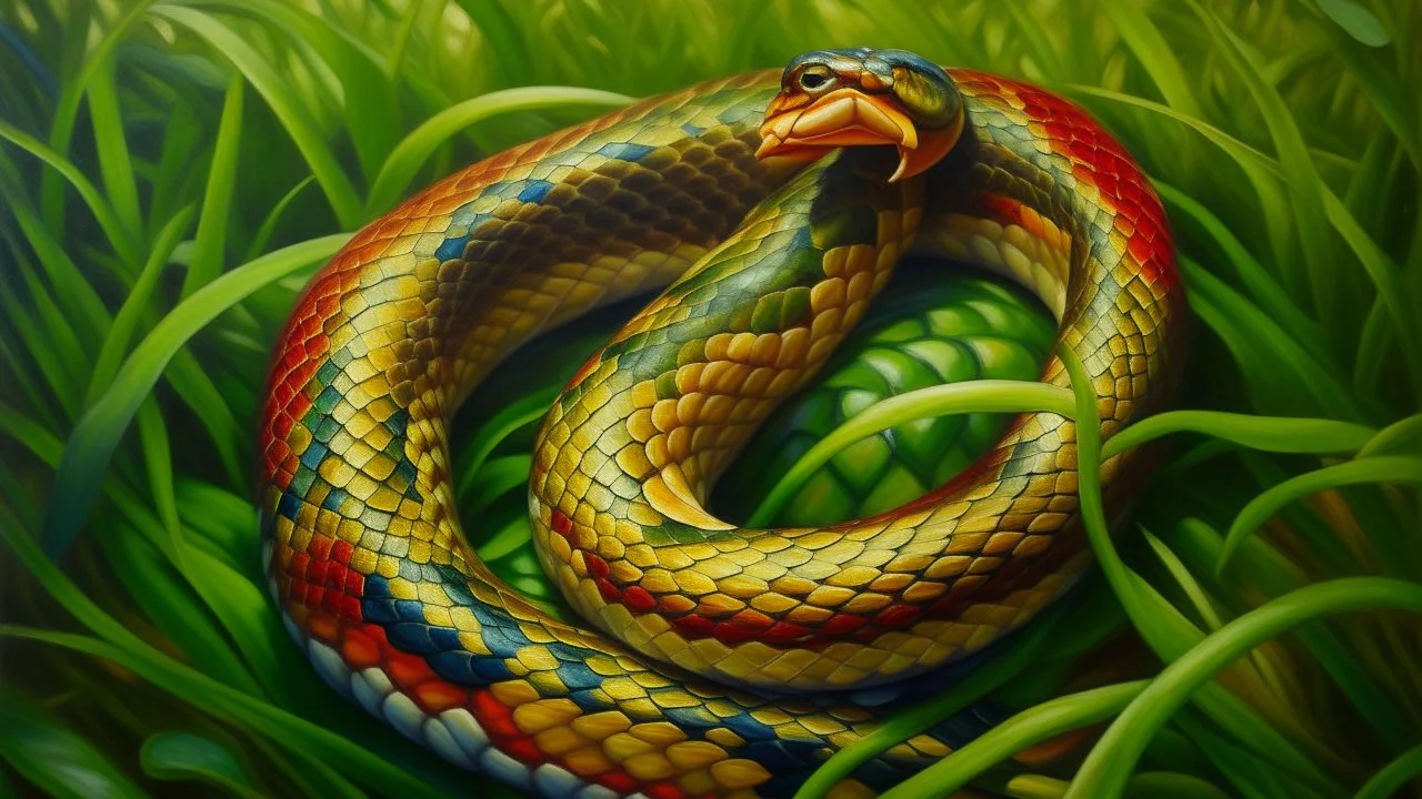 A realistic painting of a large snake coiled up in the grass, intricate details on scales and patterns, vibrant colors, by Franz Marc and Henri Rousseau, (long shot), natural lighting from above, oil painting style