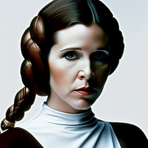 half-length color photo shoot, three-quarter face pose of carrie fisher as Princess Leia with realistic fine and very simple short hair, entrancing deep brown eyes, Intricate, High Detail, Sharp focus, realism, beautiful and detailed lighting, Nikon D850, ef 85mm 5.6 by Annie Leibovitz