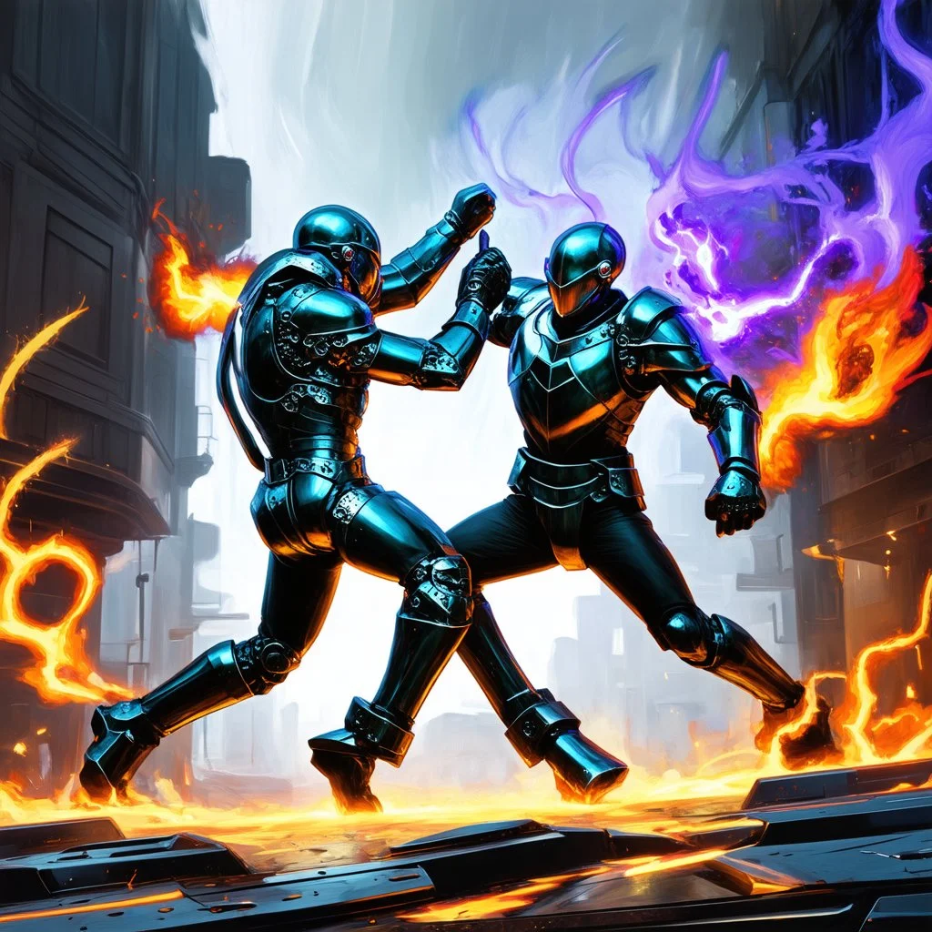 In the midst of a futuristic urban landscape, two combatants clash in a vivid, high-octane spectacle. One fighter is a cybernetically enhanced warrior with shimmering metallic armor, while the other is a mystical sorcerer with swirling energy crackling around them. This scene is depicted in a stunning, ultra-detailed, graffiti-style painting that combines spray paint, oil, and gouache to create a vibrant, polychromatic masterpiece. The colors are bold and high-contrast, with every minute detail