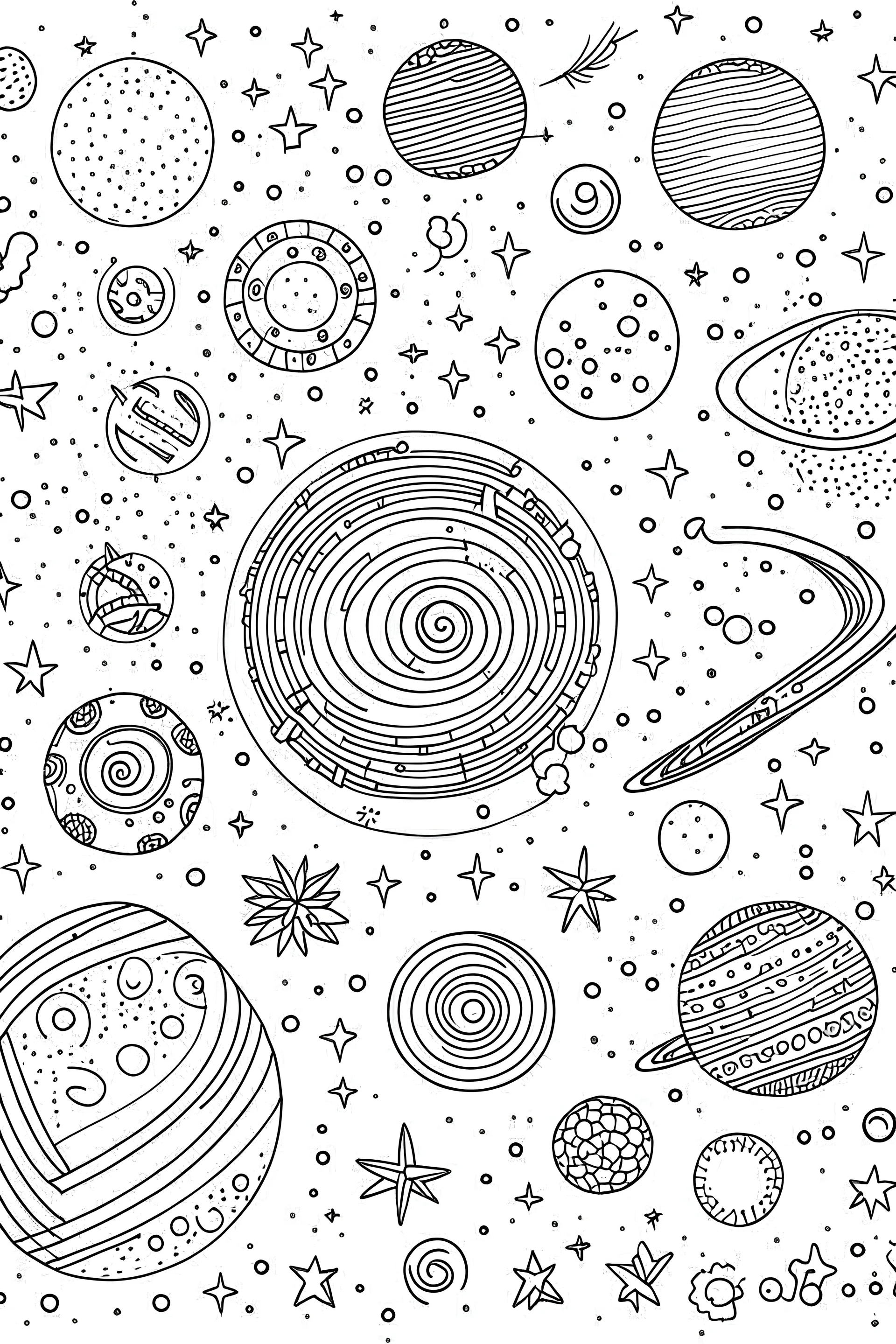 outline for cute symmetrical outer space minimal pattern coloring page for a background including planets and stars, sketch style, only use outline, clean line art, well outlined