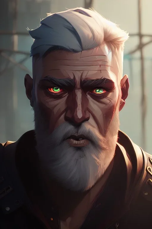 portrait,badass white man,bright red eyes,shot beard, short white hair, post-apocalyptic in a cyberpunk city, realistic, intriacte detail, sci-fi fantasy style, volumetric lighting, particales,highly detailed,cinamatic, deep colours,8k