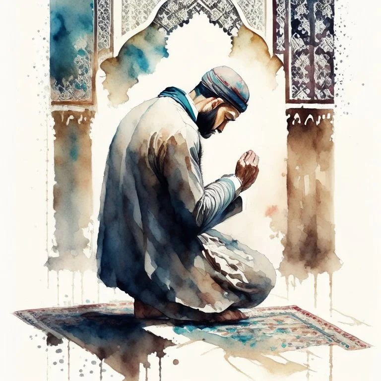 A man is praying namaz with background of islamic pattern, detailed, ultra fine brush use, watercolour painting