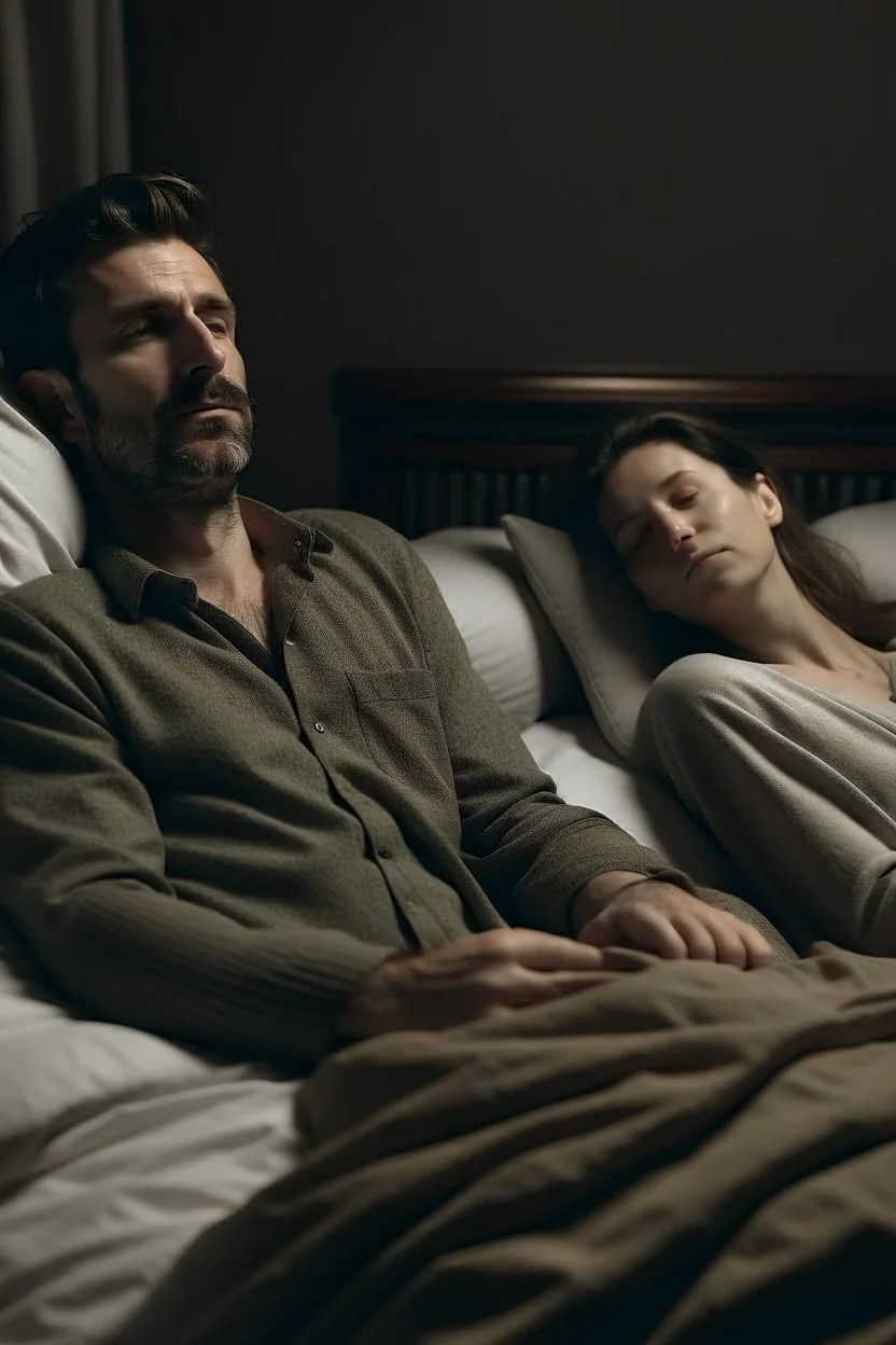 a man sleeping in a bed with a woman next to him sitting up