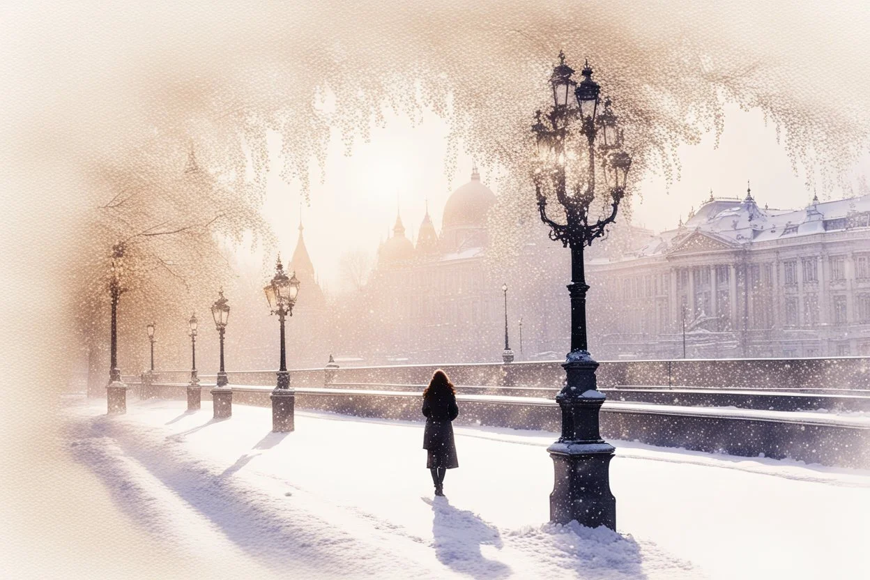 Budapest in the snow in the sunshine, watercolor and black ink outlines, sparkling golden glitter, ethereal, cinematic postprocessing, bokeh, dof