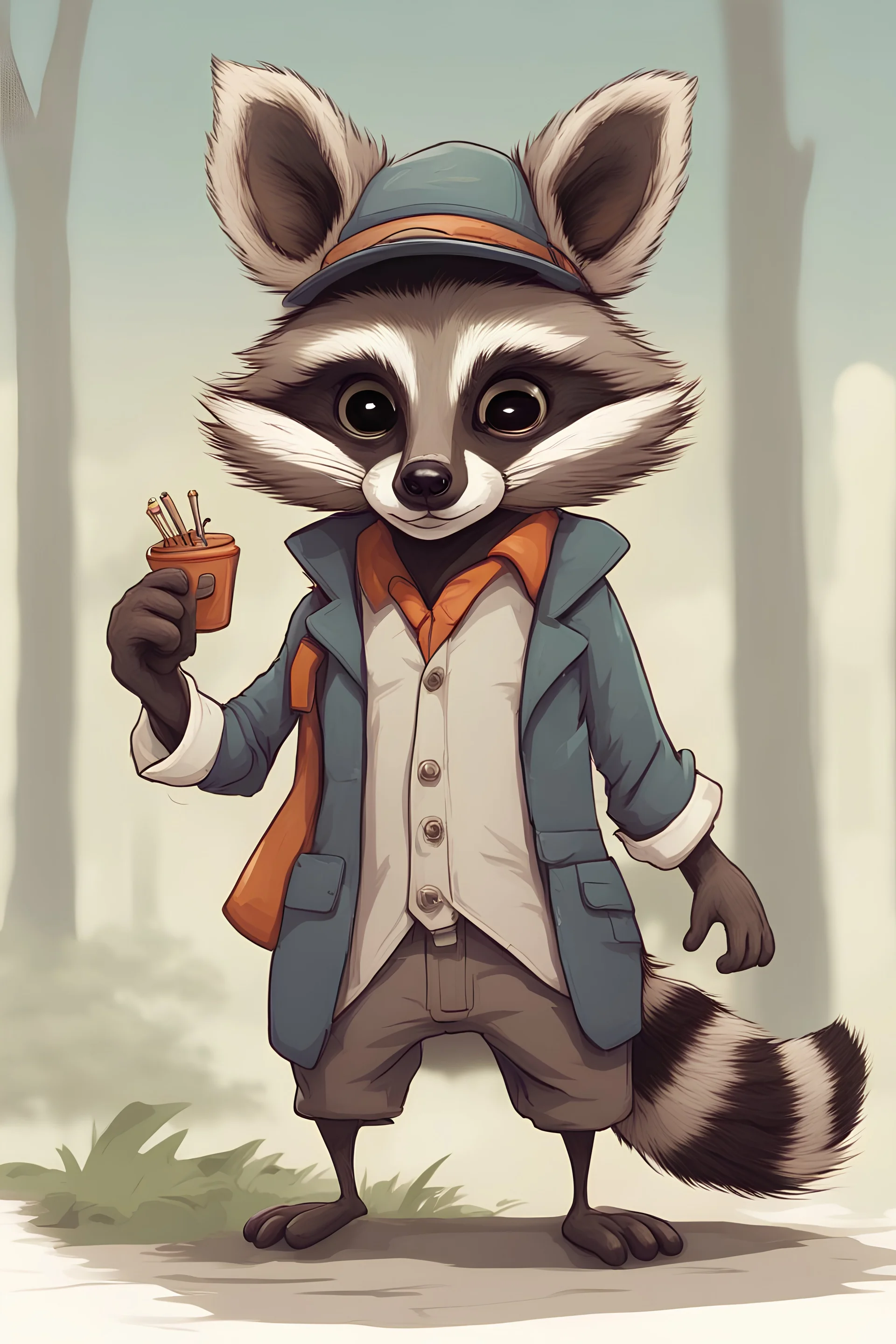 a really long-nosed raccoon from the future, with educated and skillful hands, long nose, that wears clothes and standing on two legs
