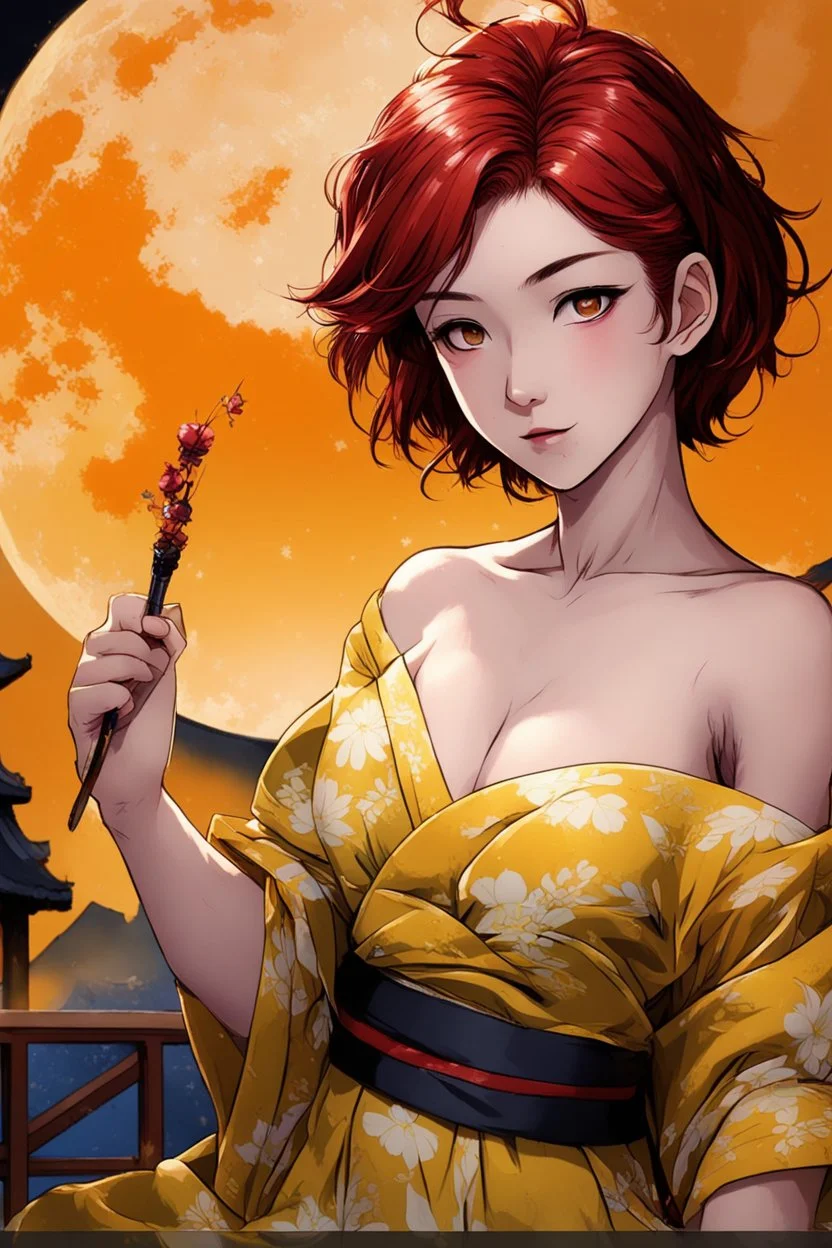 (Asian), short hair, fiery red hair hair, yukata, yellow clothes, 8k, best quality, winking, very dark night time, lighting from moon yellow moon, perfect, masterpiece