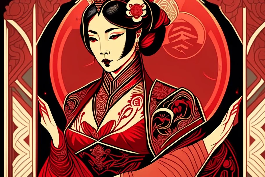 Stylized Asian aristocrat, In the style of Tarot and Art Deco, Red colours