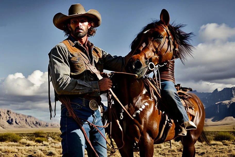 Young rough and rugged muscular cowboy photorealistic in a saloon