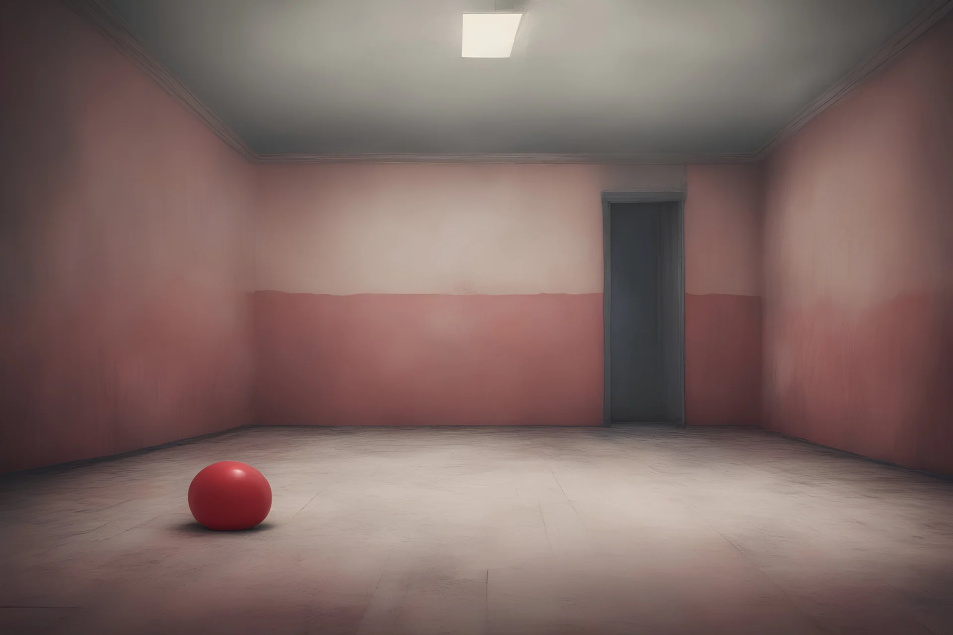 An empty dirty red room with a beach ball, liminal and gloomy, dark