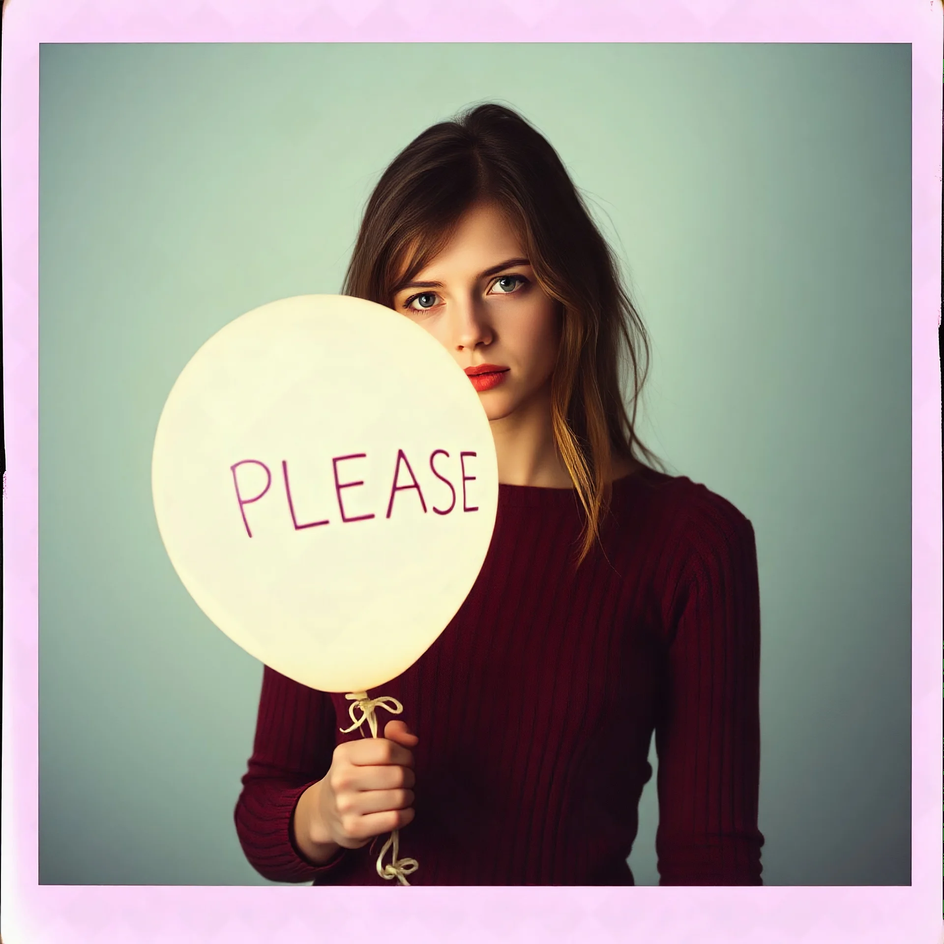 a young sad woman who looks like Elle Fanning, holding a balloon where is it written "PLEASE", surreal, liminal atmosphere, polaroid