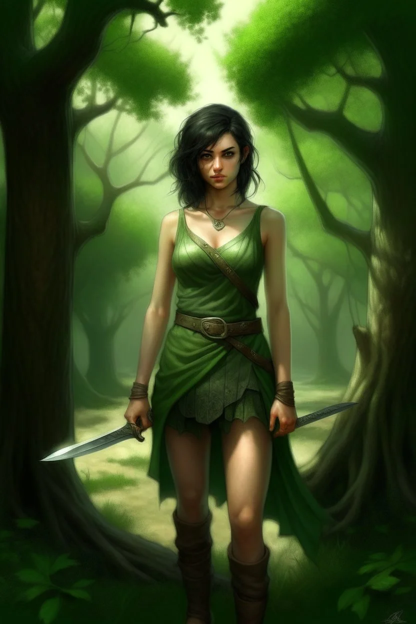 A young dark-haired witch in a green low-cut short skirt, standing under a tree, with a sword in one hand, photorealistic, delicate detail.