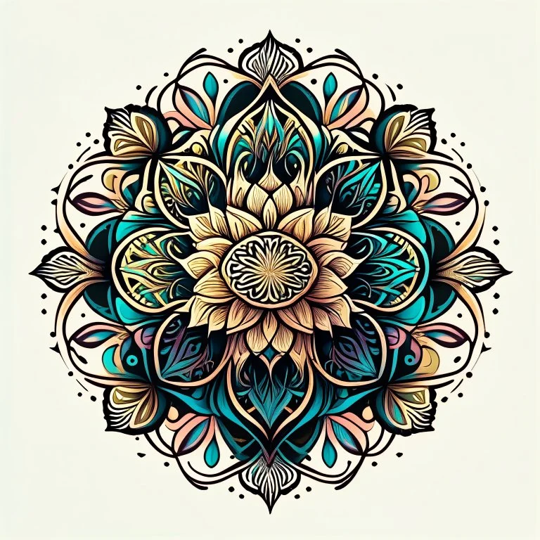 logo in a style of Mandala. Round. The logo depicts a mystical botanical motive. Thin lines. Ornament. rich colors