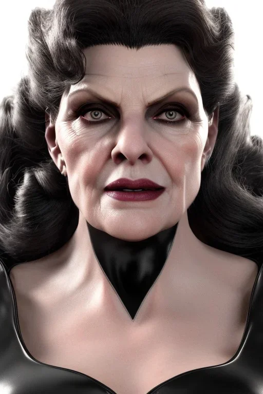 Rene Russo as evil queen in black leather gown, angry, busty, curvey, cleavage, unreal 5, octane render,cinema4d, dynamic lighting, dramatic lighting, 4k, redshift render, highly detailed, hyper realistic