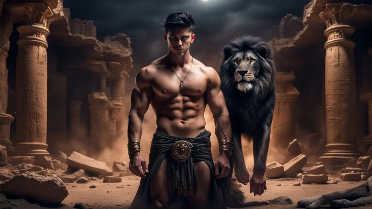 Hyper Realistic Handsome Muscular Shirtless Young King with short-black-hair standing with Black-Lion-with-horns-on-his-head inside a ruins of a lost-city between a desert at dark night with dramatic & cinematic ambiance