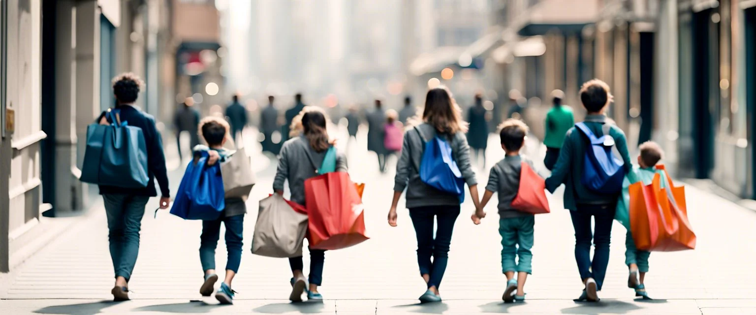 People carrying their big bags and their children walking in the same direction from right to left. We see them from the side and the background is empty.