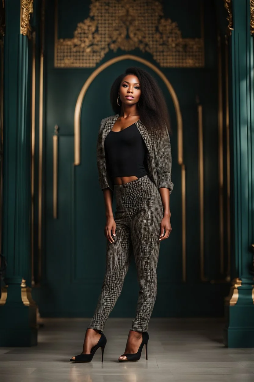 fullbody shot of young-beautiful-girl-with-a-perfect-face-with-make-up-wearing- top and pants standing , prophesional photography studio