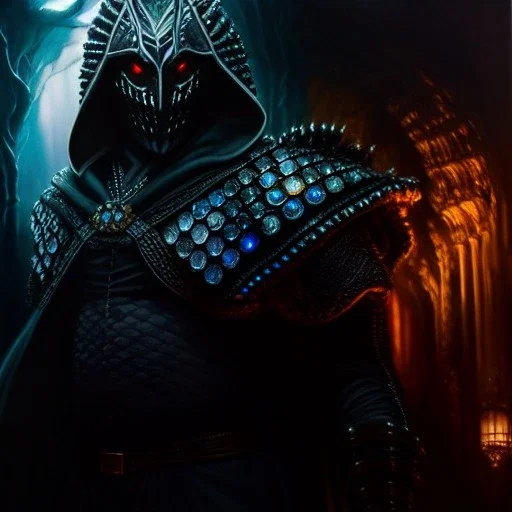 Ultra detailed fullbody Portrait in oil on canvas of Dweller-in-Darkness Villain with Armor,intense stare,extremely detailed digital painting, extremely detailed face,crystal clear Big eyes, mystical colors ,perfectly centered image, perfect composition, rim light, beautiful lighting,masterpiece,8k, stunning scene, raytracing, anatomically correct, in the style of robert e howard and Ken Kelley and Ohrai Noriyoshi and Simon Bisley and tomzj1