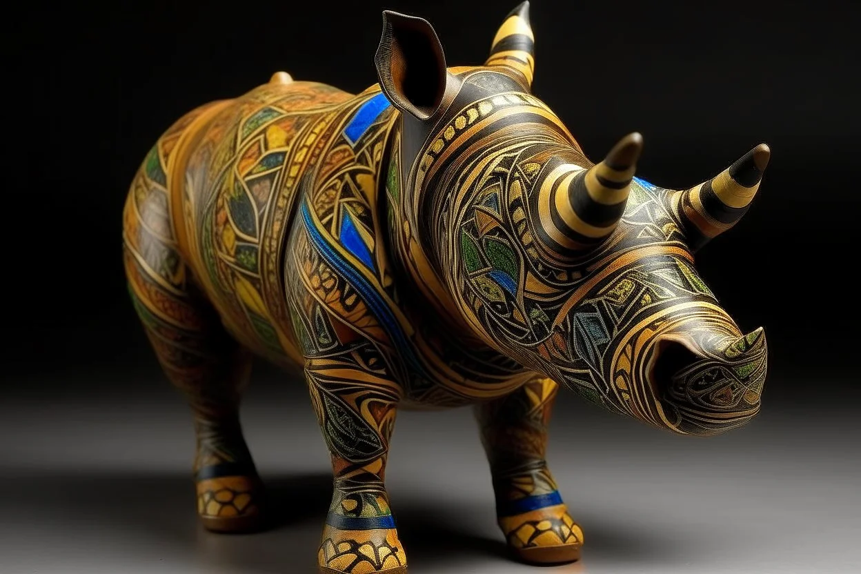 A tan earth elemental rhino designed in Australian aboriginal art painted by Claude Monet