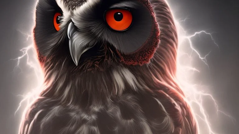 a Black shield evil Owl with fangs, bloodshot eyes, blood, horror, that looks into the camera, hyperrealistic, extremely detailed, 8 THOUSANDS mystical, trending on artstation, sharp focus, studio photo,Halloween Alchemist , high voltage, thunder light,closeup, proactive scene, provocative moving, action pose, modern and futuristic HD colored black and red decor beautiful black empty in a high voltage pumpkin, double exposure, halo, perfect composition, highly detailed,