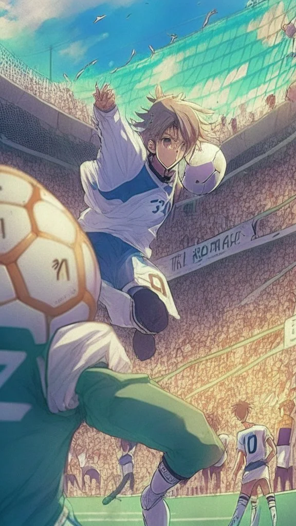 anime soccer goalkeeper saving the ball, crowded stadium in the background