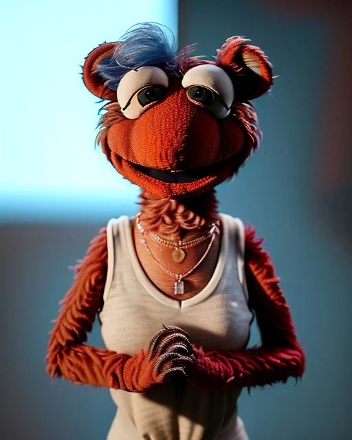 Realistic Waist up Portrait of muppet, short hair style, photo studio, unreal engine 5, god lights, ray tracing, RTX, lumen lighting, ultra detail, volumetric lighting, 3d.