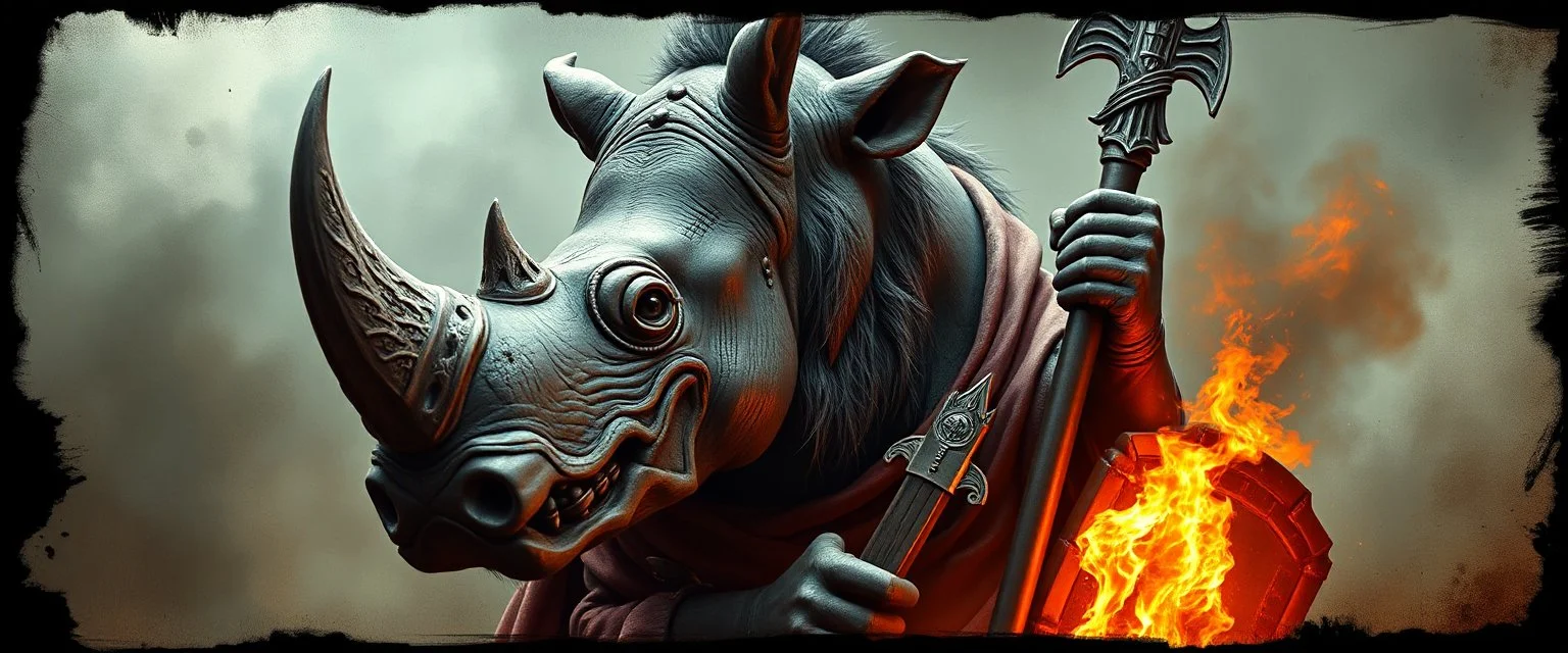 3d airbrush render, full body of rhino badger warrior priest , pinhole cam, airbrush 3d rendering, in the style of Titian and Rembrandt , torn edges on border